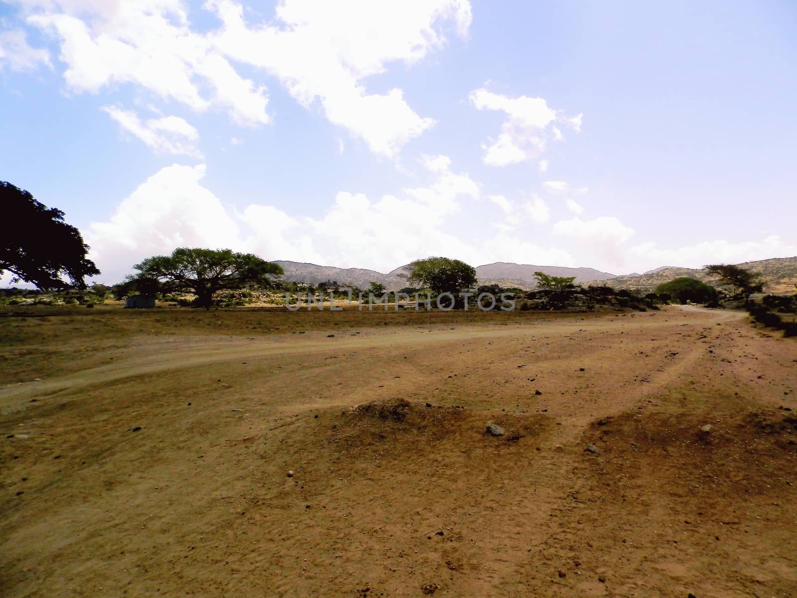 Tesseney, Eritrea - 10/11/2020: Beautiful photography of the landscape from the villages near the bord from Ethiopia. Old desert villages with some domestic animals.