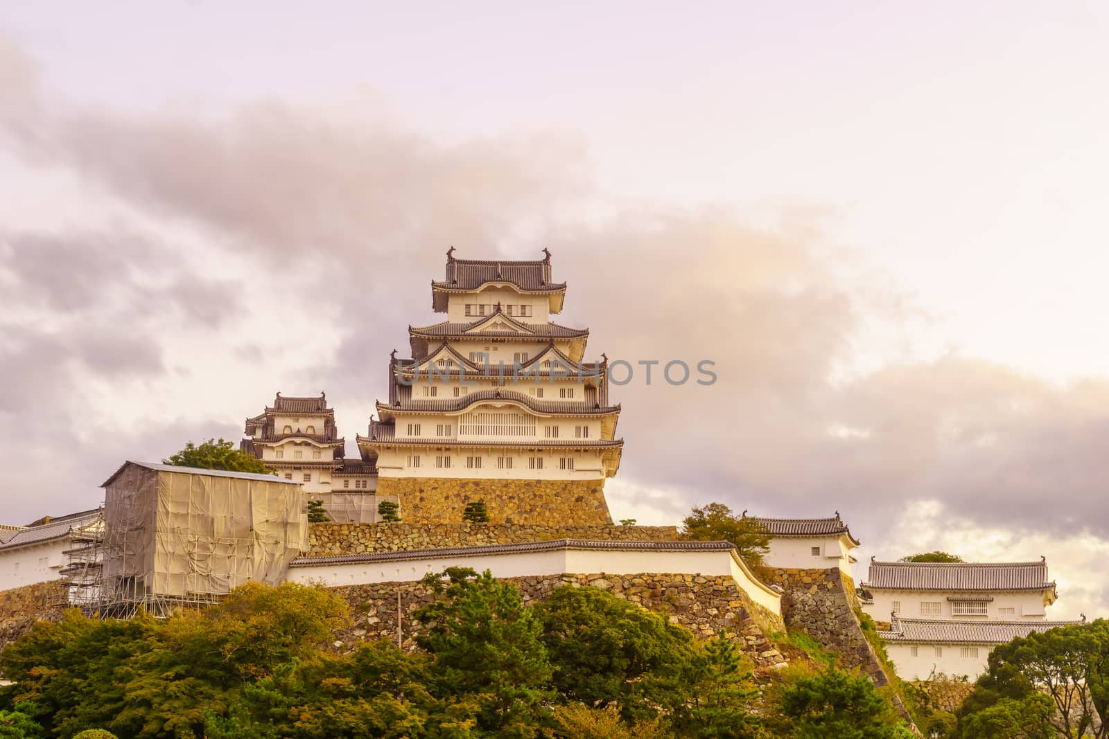 Sunrise view of the Himeji Castle, dated 1333, in the city of Himeji, Hyogo Prefecture, Japan