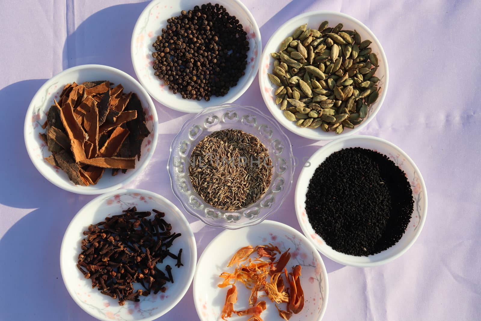 Collection of various healthy spices in the market