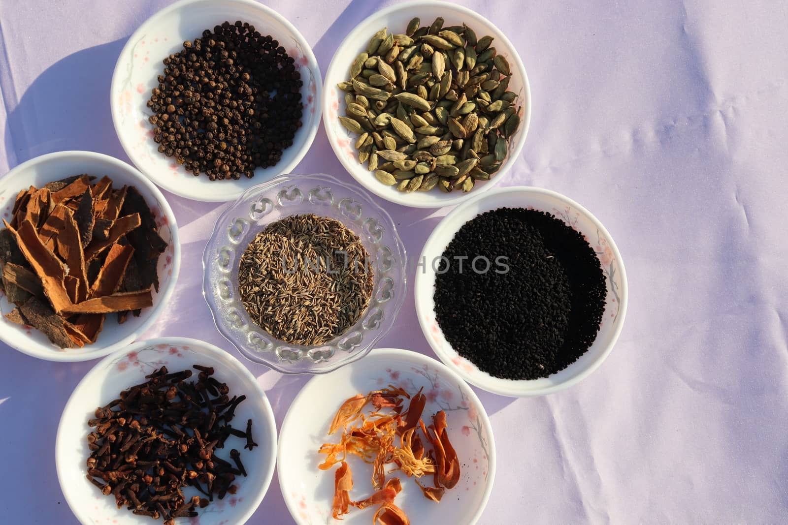 Collection of various healthy spices in the market