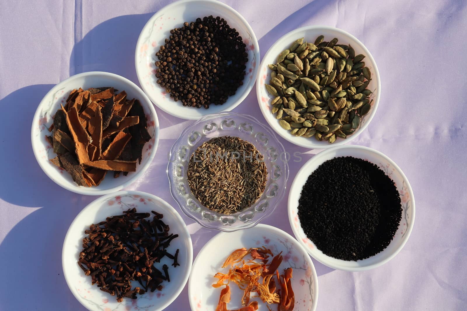 Collection of various healthy spices in the market