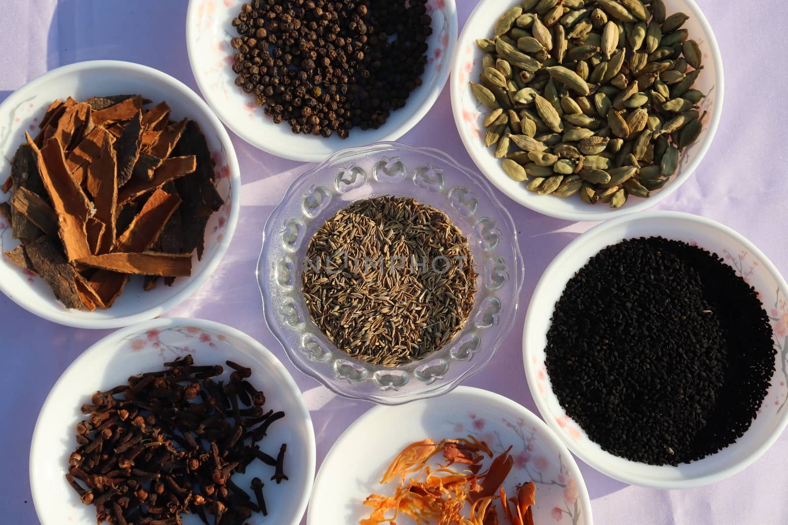 Collection of various healthy spices in the market
