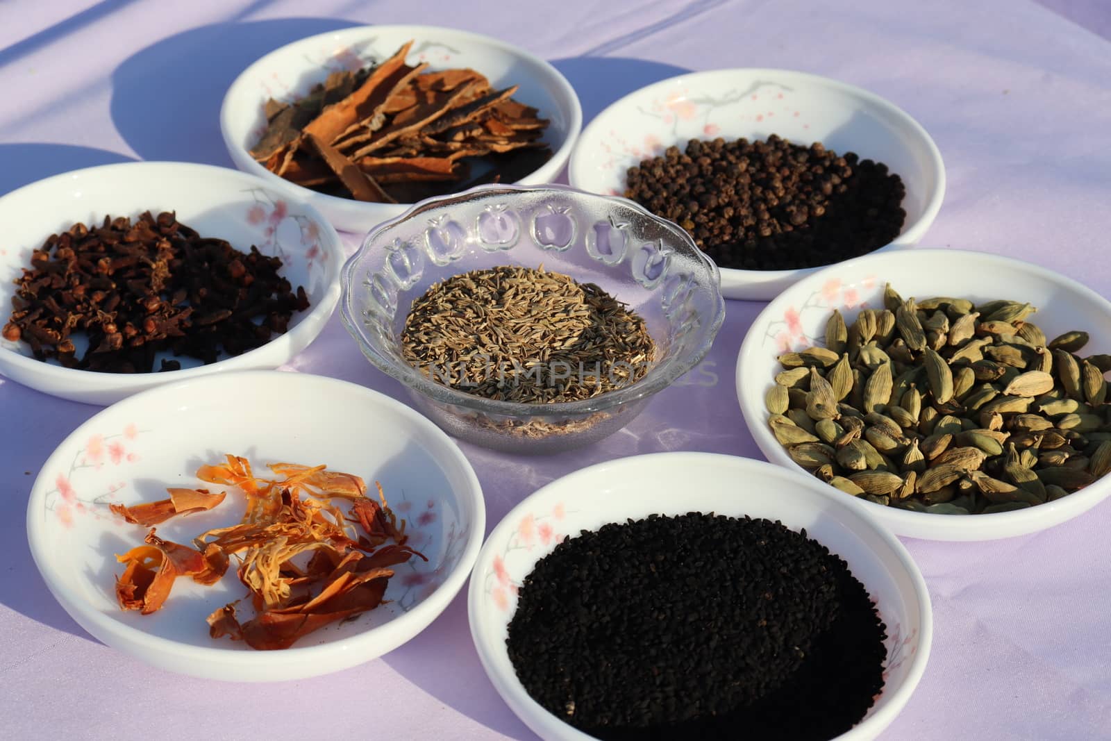 Collection of various healthy spices in the market