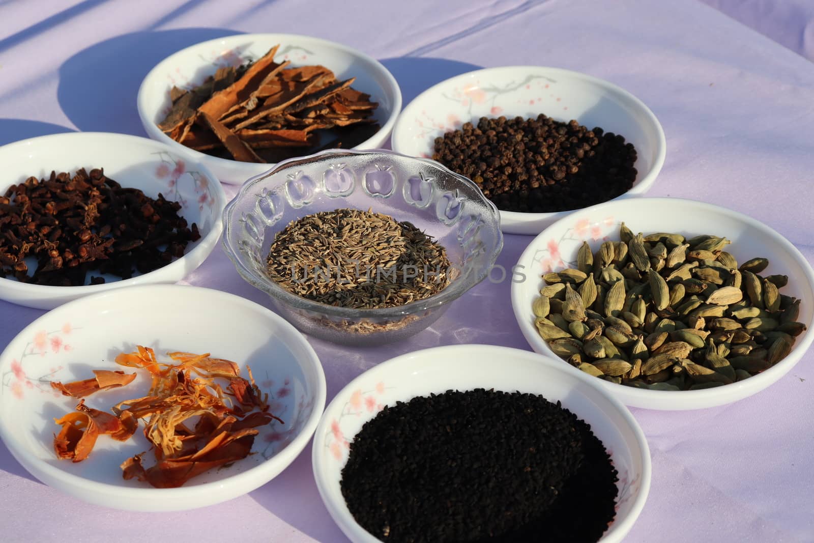 Collection of various healthy spices in the market