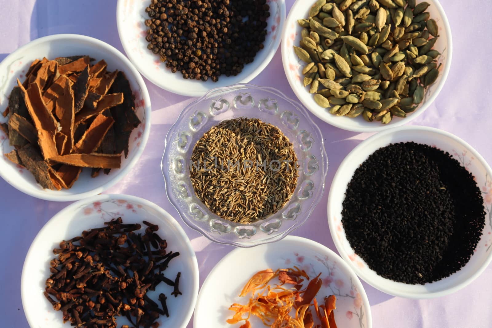 Collection of various healthy spices in the market
