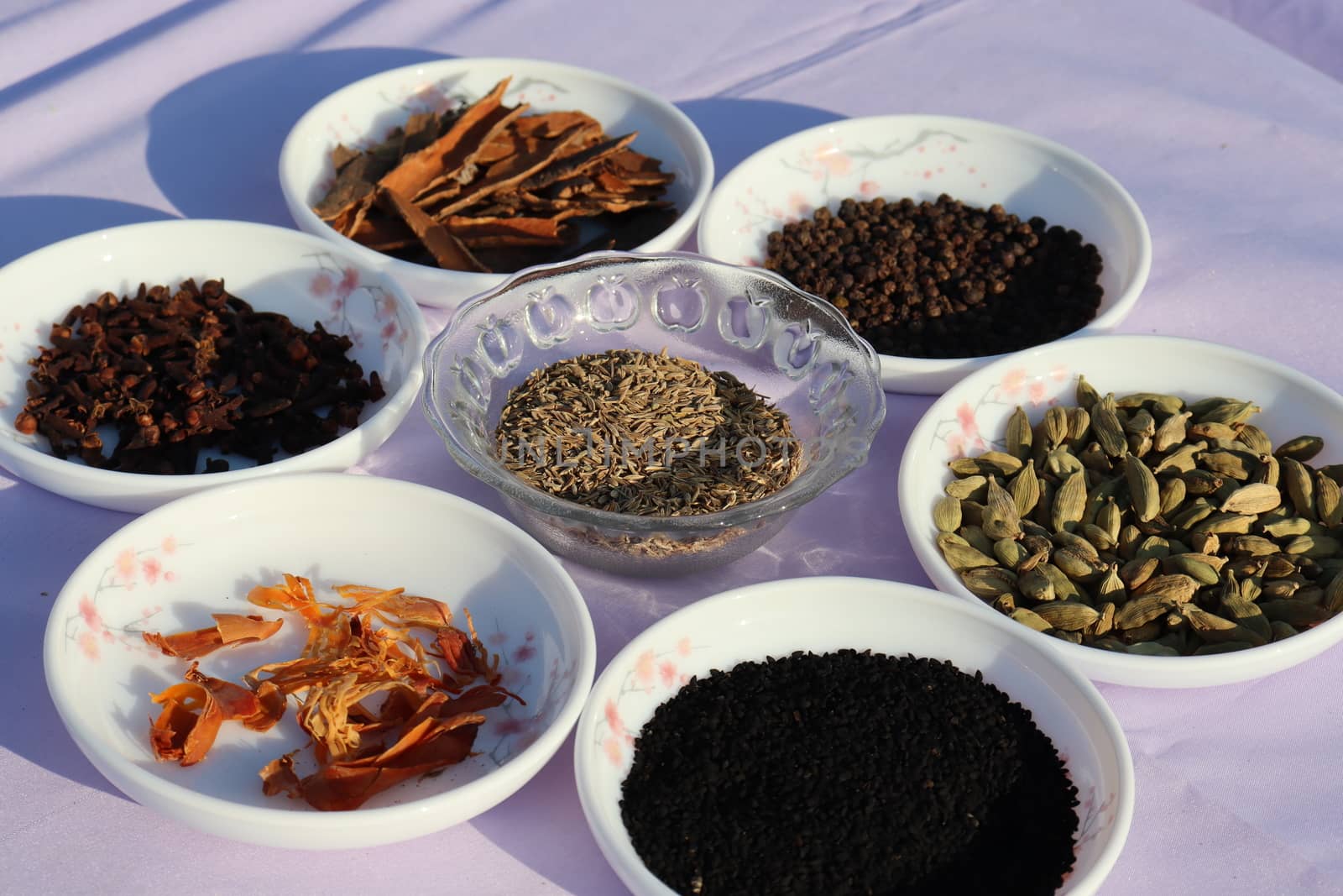 Collection of various healthy spices in the market