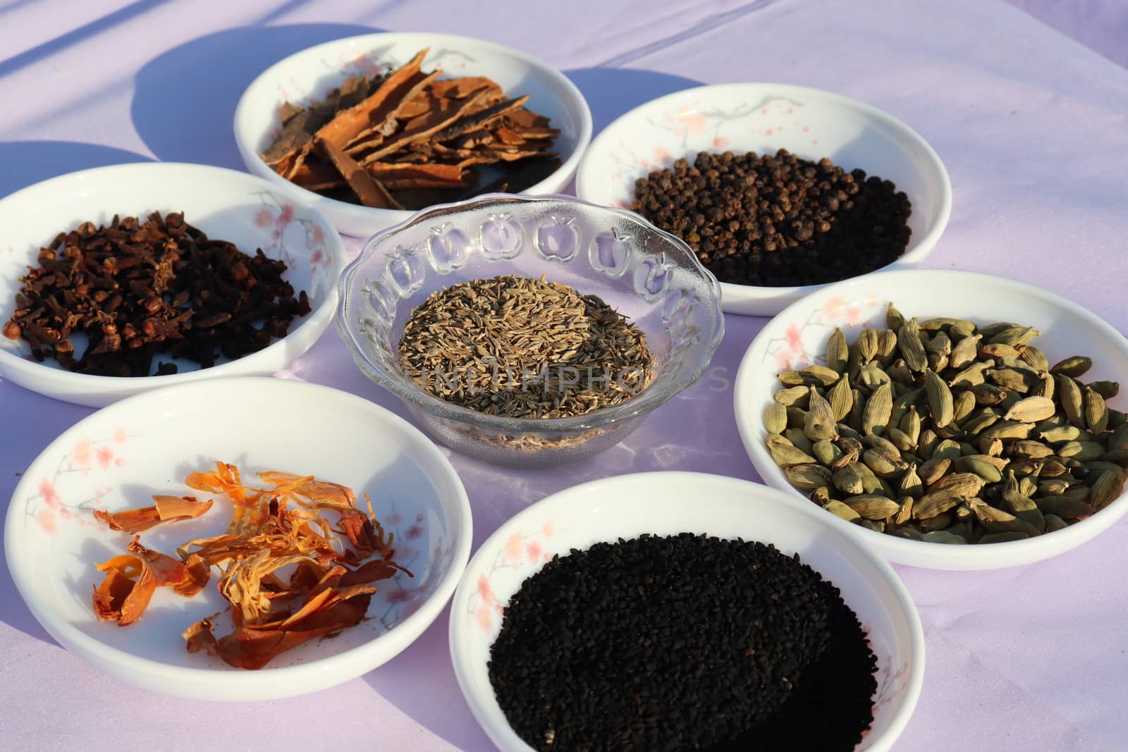 Collection of various healthy spices in the market