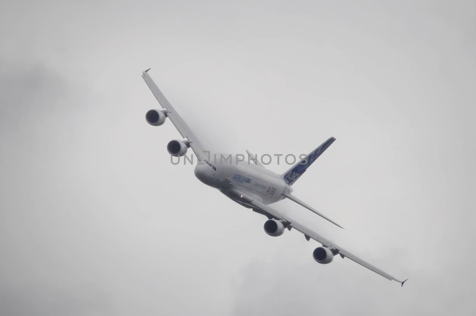 LONDON, UK, Saturday July 14, 2012. An Airbus A380 in a flight demonstration at Farnborough International Airshow 2012.