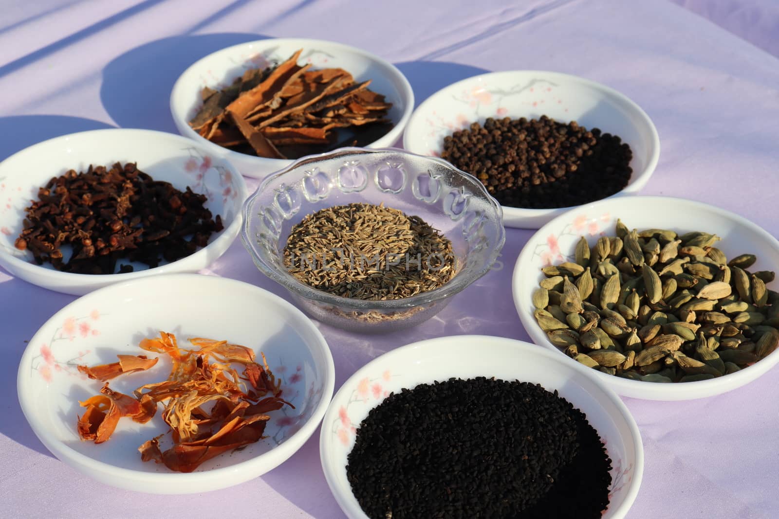 Collection of various healthy spices in the market