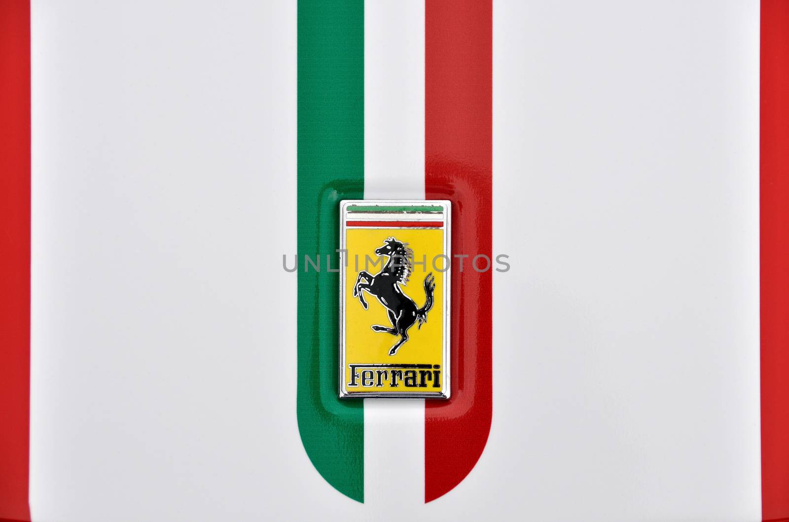 LONDON, UK - CIRCA SEPTEMBER 2011: Ferrari logo, Italian flag painted on the bodywork of a Ferrari 360 Challenge Stradale.