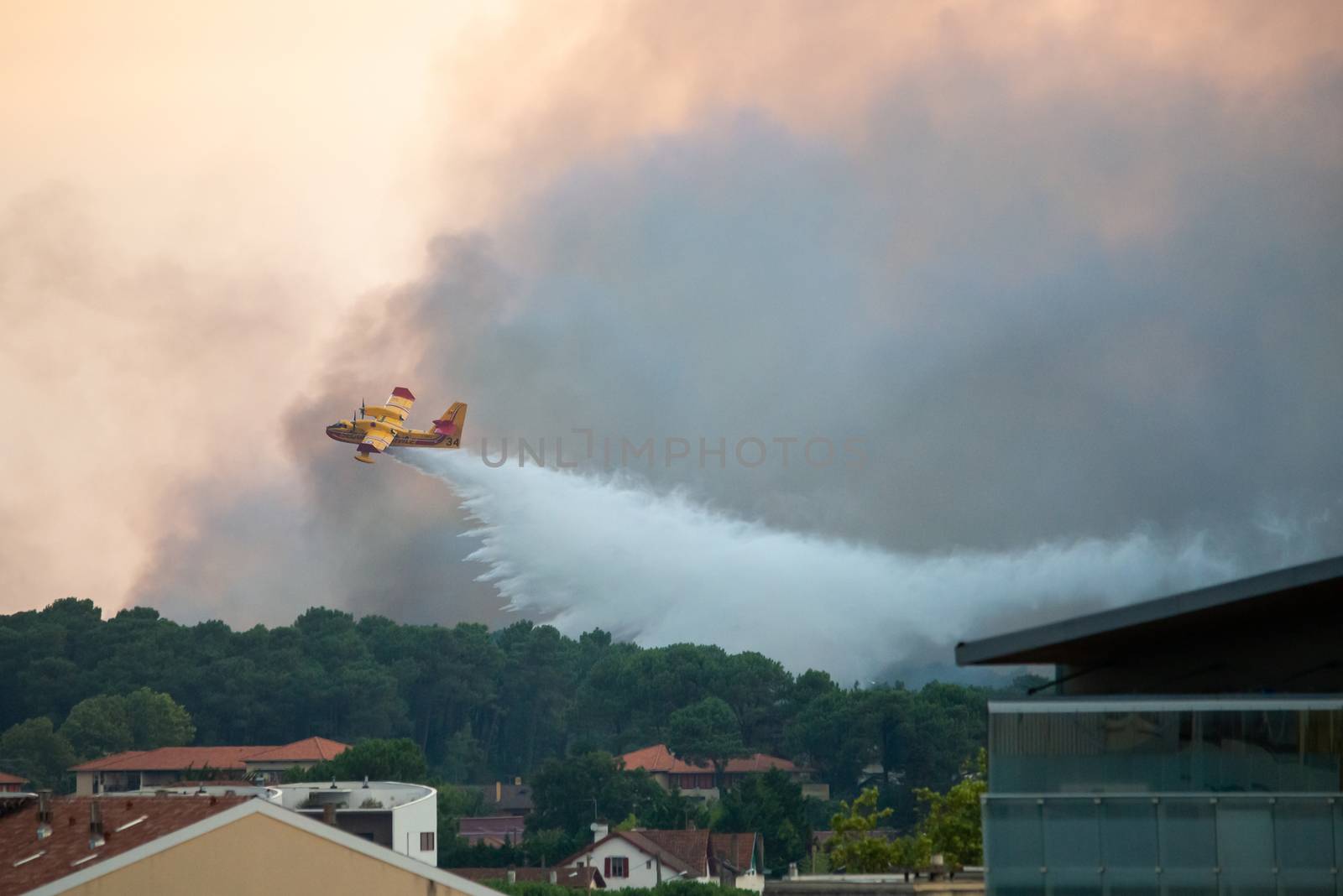 A Canadair dropping water on forest fire in Anglet, France. by dutourdumonde