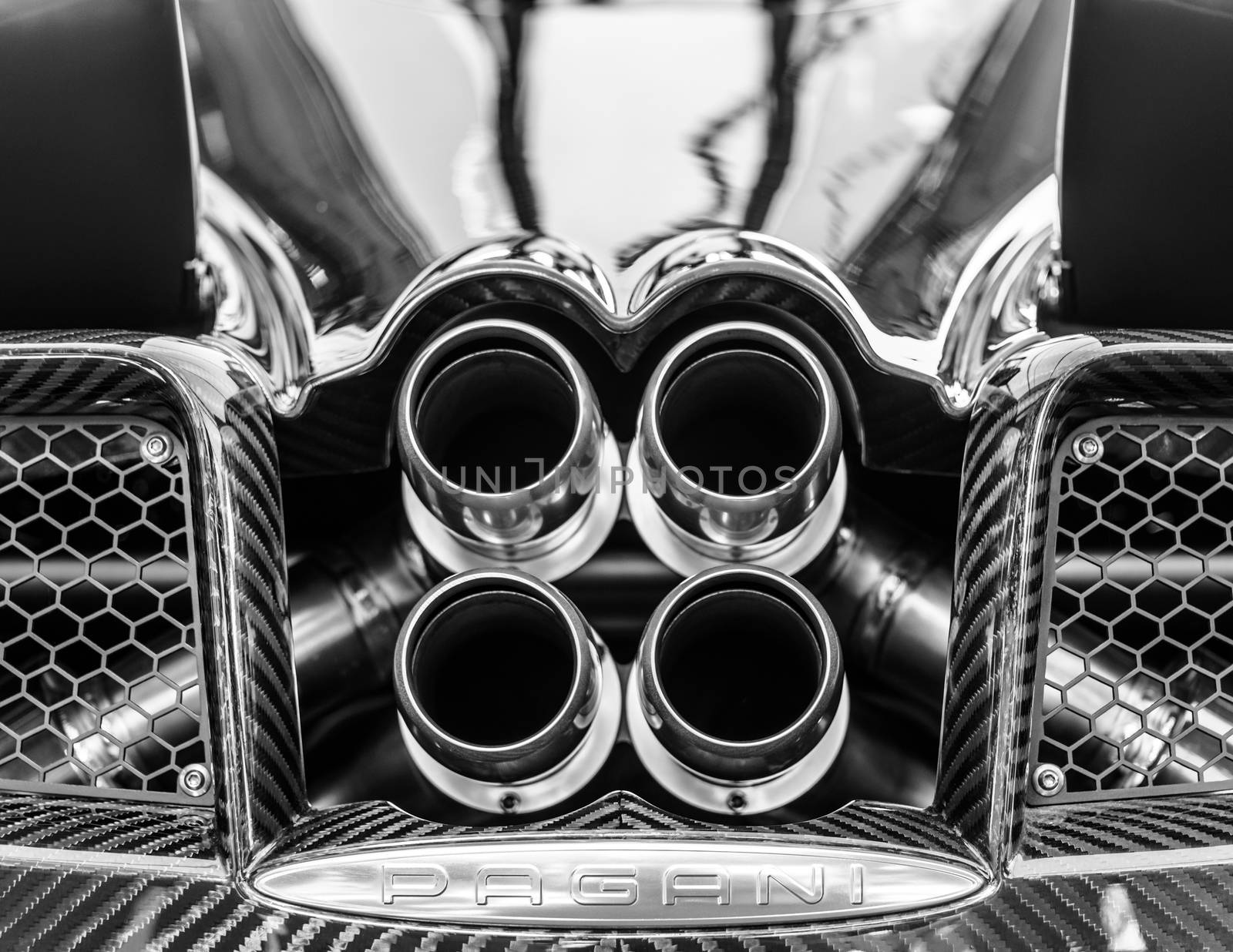 Pagani Huayra exhaust in black and white by dutourdumonde