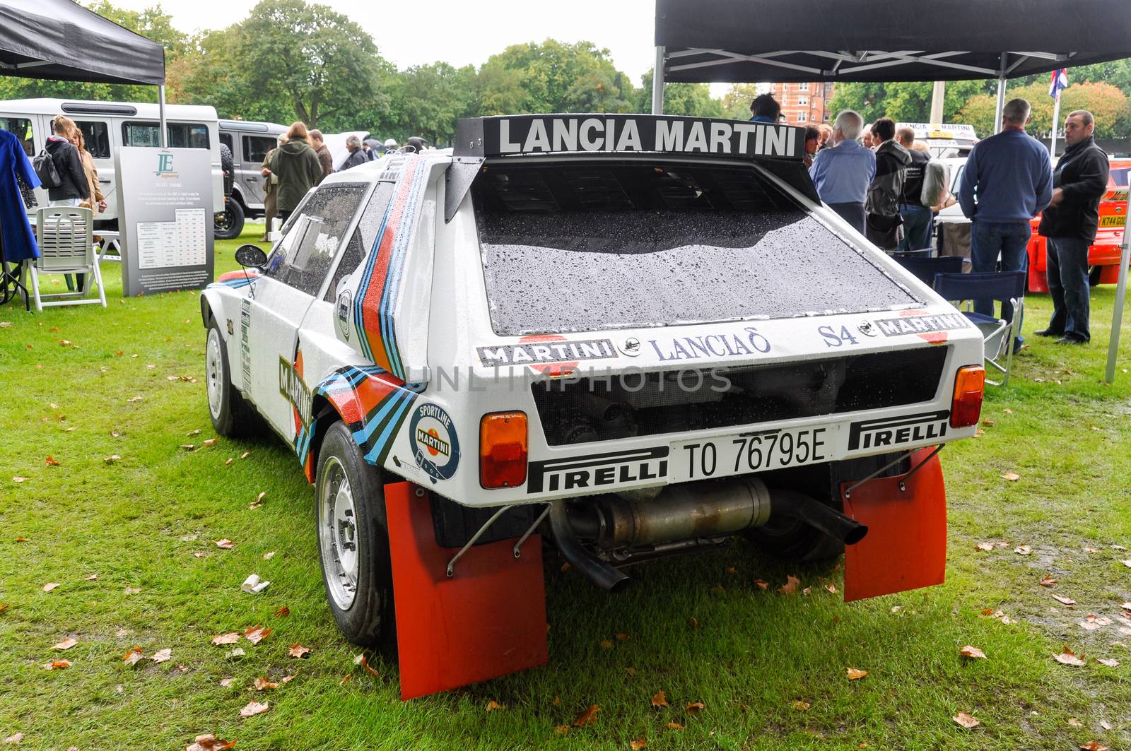 LONDON, UK - CIRCA SEPTEMBER 2011: A Lancia Delta S4 at Chelsea Autolegends. The Lancia Delta S4 was a Group B rally car, here with a Martini livery.
