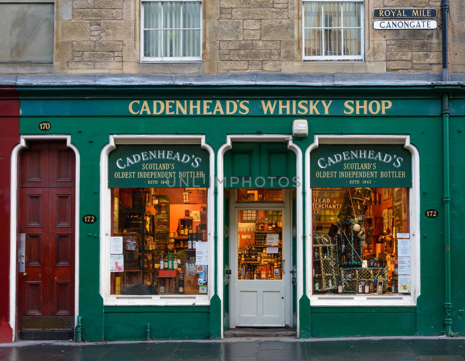 EDINBURGH, SCOTLAND - CIRCA NOVEMBER 2012: Cadenhead's whisky shop facade on Cannongate, Royal Mile