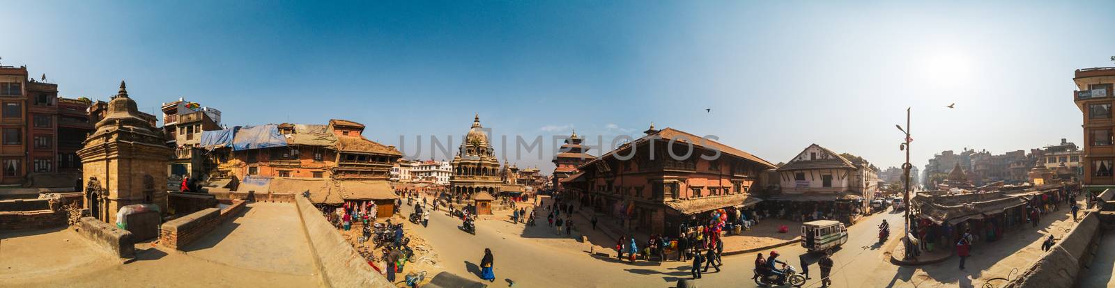 PATAN, NEPAL - CIRCA JANUARY 2017: 360 degrees horizontal panorama of Patan Durbar Square.