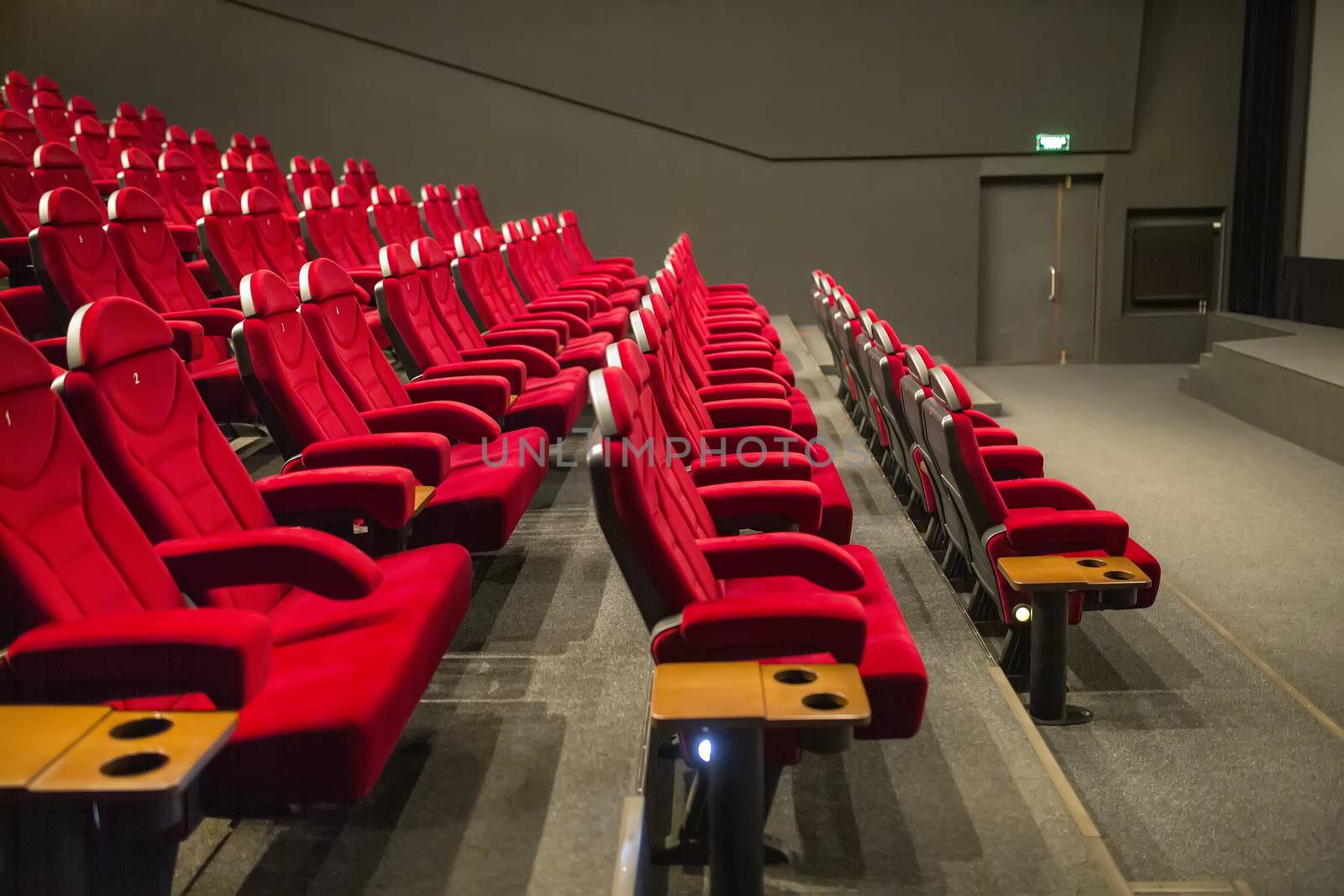 Empty cinema with red-black rows of seats. 08.03.2019 Brovary, Ukraine