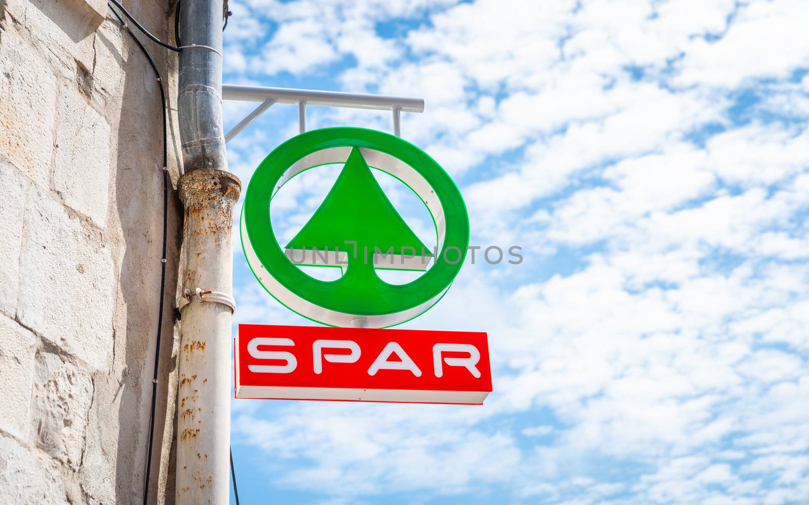 BAYONNE, FRANCE - CIRCA JUNE 2020: Spar supermarket sign or logo. Spar is a Dutch multinational franchise.