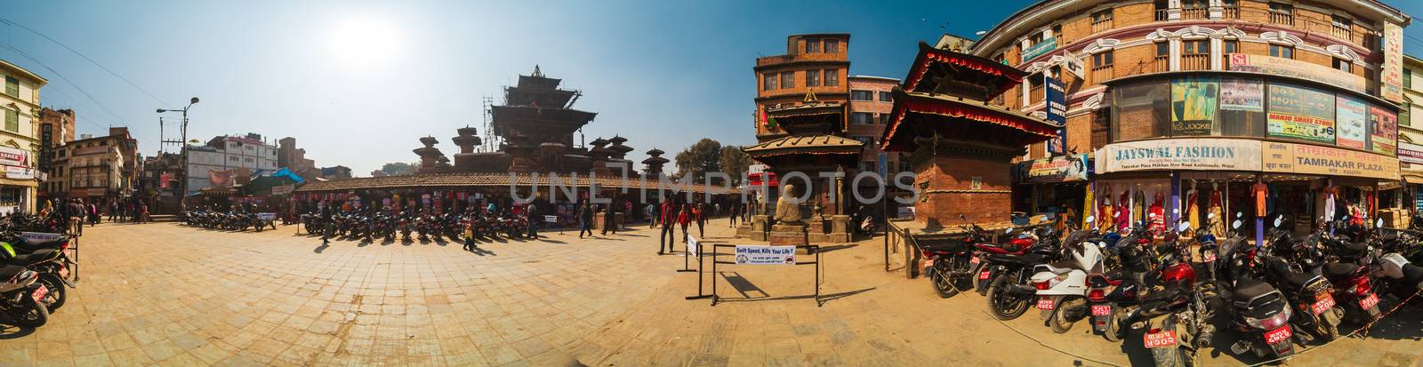 KATHMANDU, NEPAL - CIRCA JANUARY 2017: 360 degrees horizontal panorama of buildings and shops near Durbar Square.