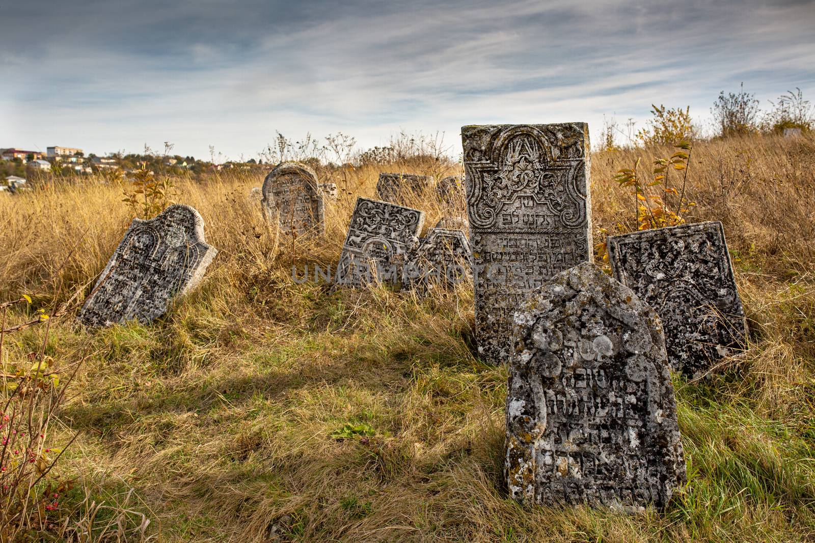 12.10.2019 Satanov Ukraine. Old Jewish cemetery in the fall. Tombstones on a background of dry grass in a cemetery. The Jewish cemetery is a kirkut in the urban-type village of Satanov of Ukraine.