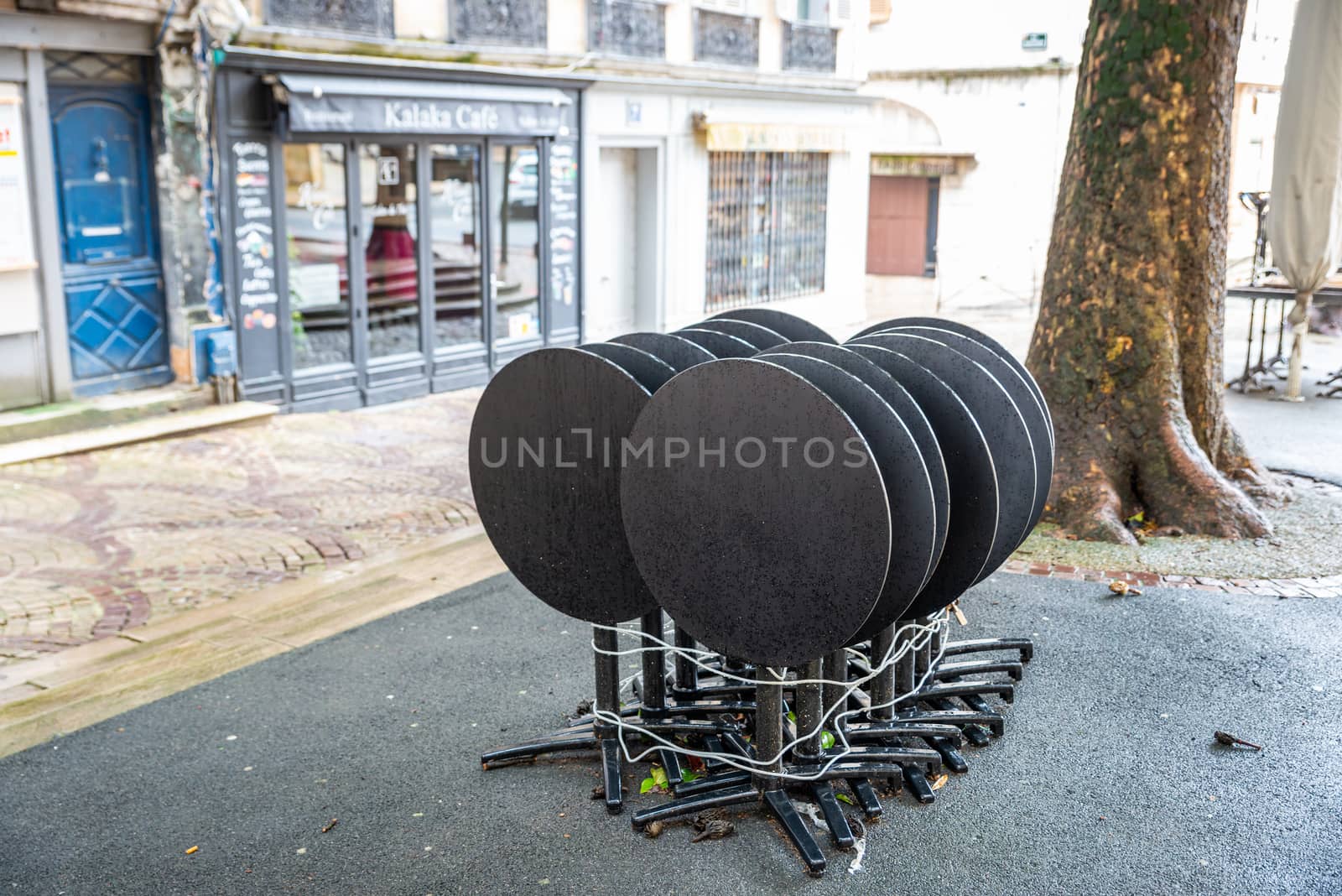 BAYONNE, FRANCE - MARCH 16, 2019: Closed cafe because of the outbreak of Coronavirus and the subsequent lockdown.