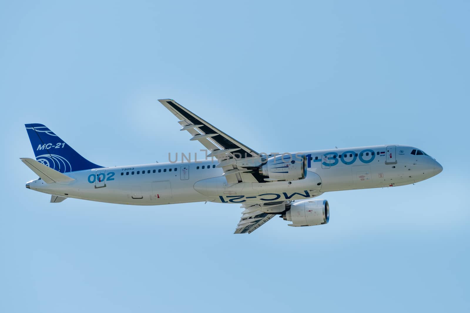 August 30, 2019. Zhukovsky, Russia. Promising Russian medium-range narrow-body passenger aircraft Irkut MC-21 at the International Aviation and Space Salon MAKS 2019.