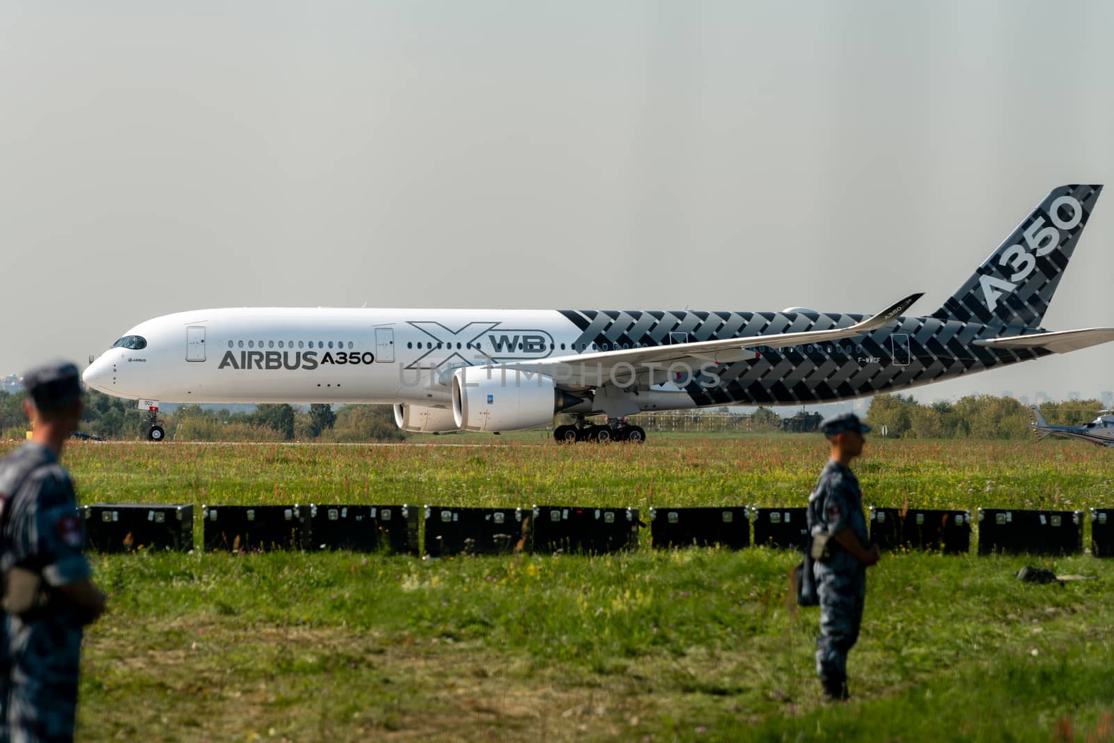 August 30, 2019. Zhukovsky, Russia. long-range wide-body twin-engine passenger aircraft Airbus A350-900 XWB Airbus Industrie at the International Aviation and Space Salon MAKS 2019.