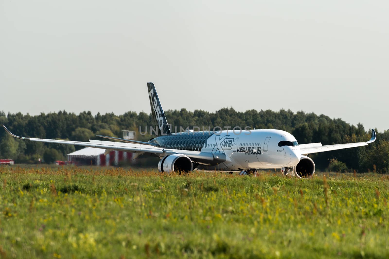 August 30, 2019. Zhukovsky, Russia. long-range wide-body twin-engine passenger aircraft Airbus A350-900 XWB Airbus Industrie at the International Aviation and Space Salon MAKS 2019.
