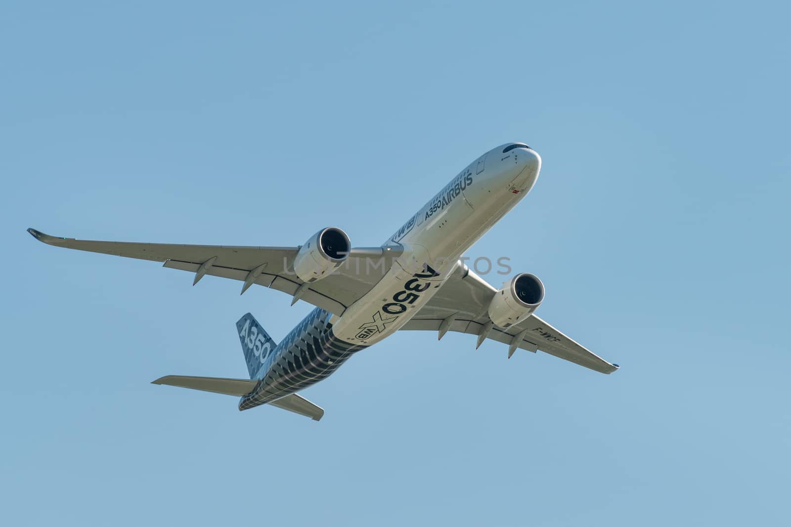August 30, 2019. Zhukovsky, Russia. long-range wide-body twin-engine passenger aircraft Airbus A350-900 XWB Airbus Industrie at the International Aviation and Space Salon MAKS 2019.