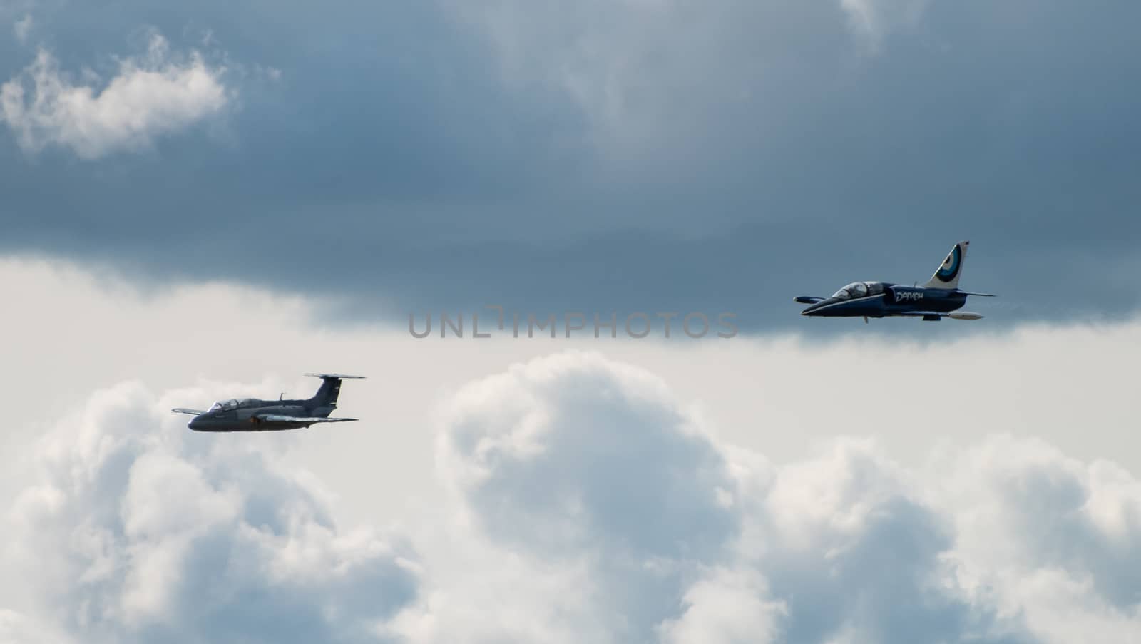 September 12, 2020, Kaluga region, Russia. Training aircraft Aero L-39 Albatros and Aero L-29 Delfin perform a training flight at the Oreshkovo airfield.