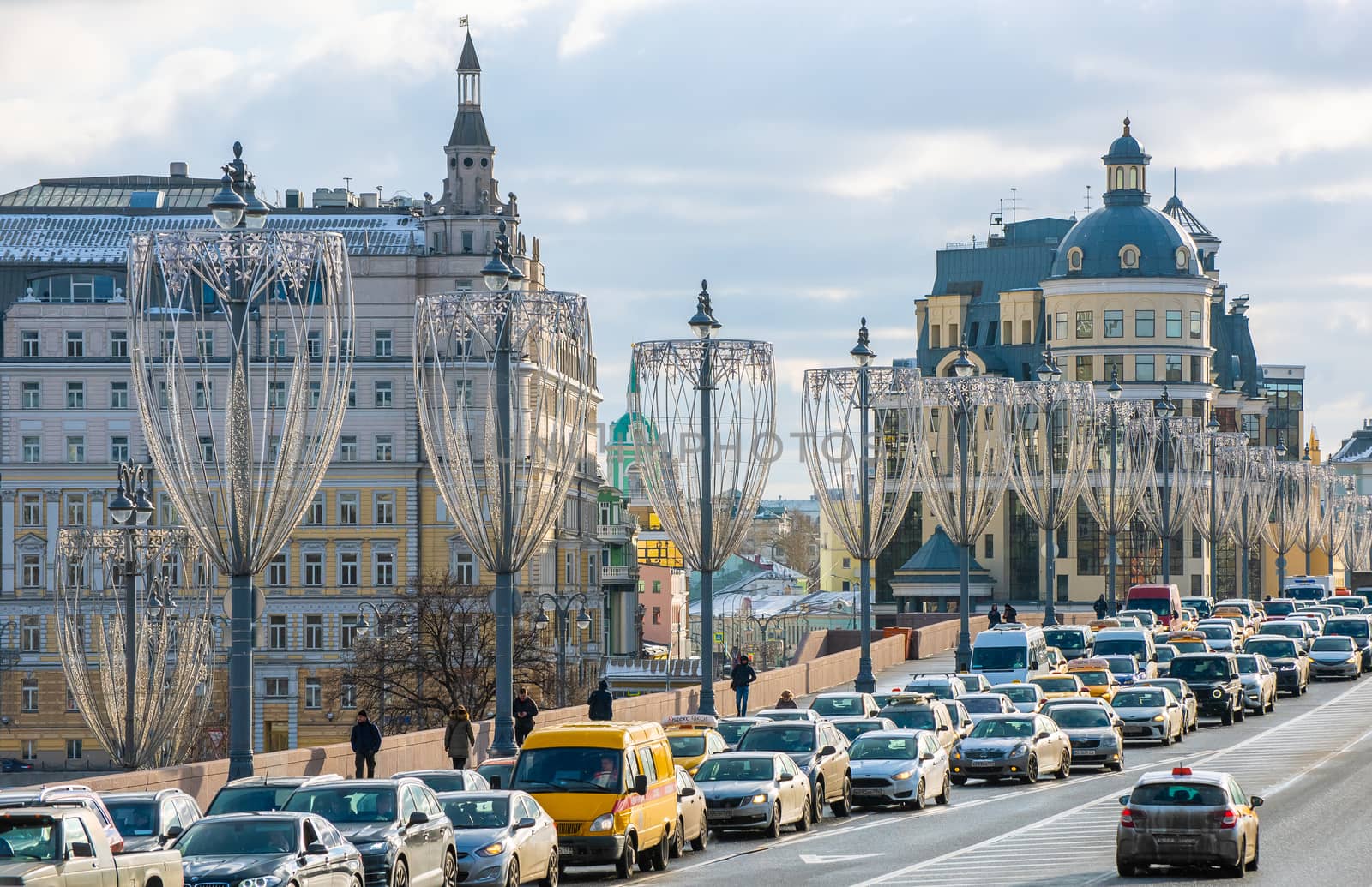 February 5, 2020 Moscow, Russia, Traffic jam on the Bolshoy Moskvoretsky bridge in Moscow.