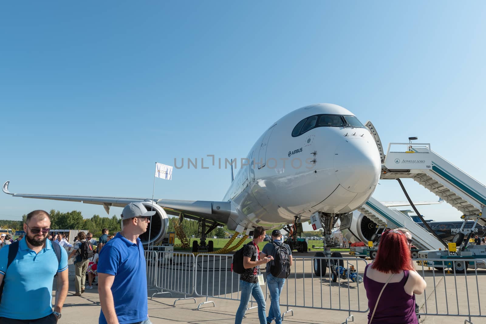 August 30, 2019. Zhukovsky, Russia. long-range wide-body twin-engine passenger aircraft Airbus A350-900 XWB Airbus Industrie at the International Aviation and Space Salon MAKS 2019.