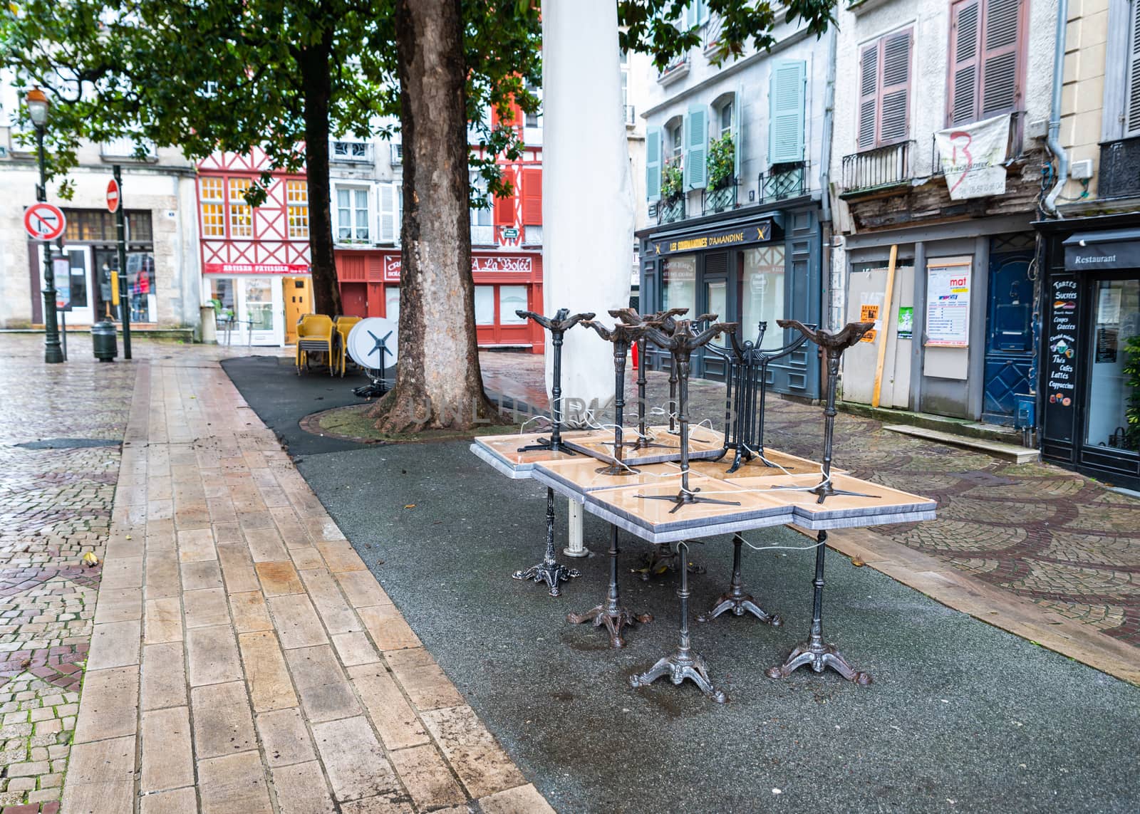 BAYONNE, FRANCE - MARCH 16, 2019: Closed cafe because of the outbreak of Coronavirus and the subsequent lockdown.