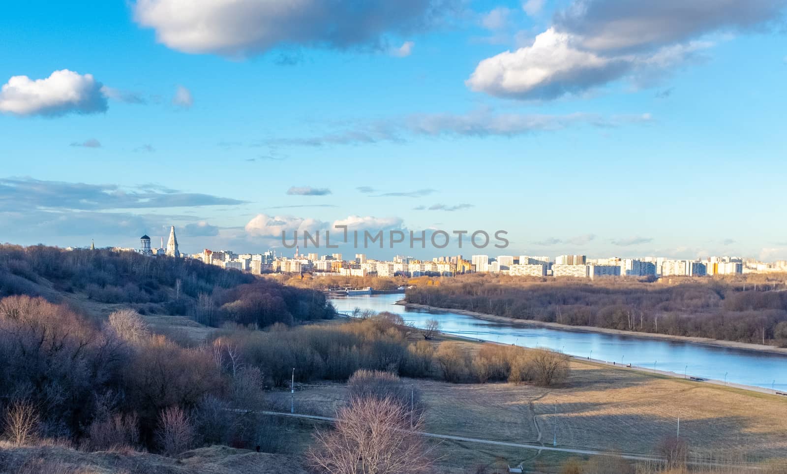 View of the Russian capital from a high hill in the Kolomenskoye park.