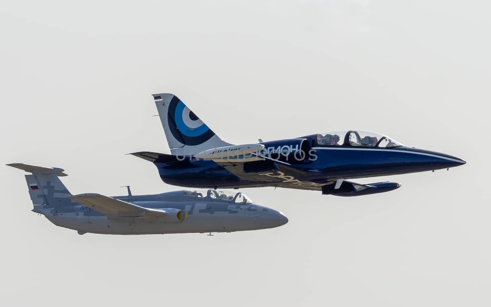 September 12, 2020, Kaluga region, Russia. Training aircraft Aero L-39 Albatros and Aero L-29 Delfin perform a training flight at the Oreshkovo airfield.