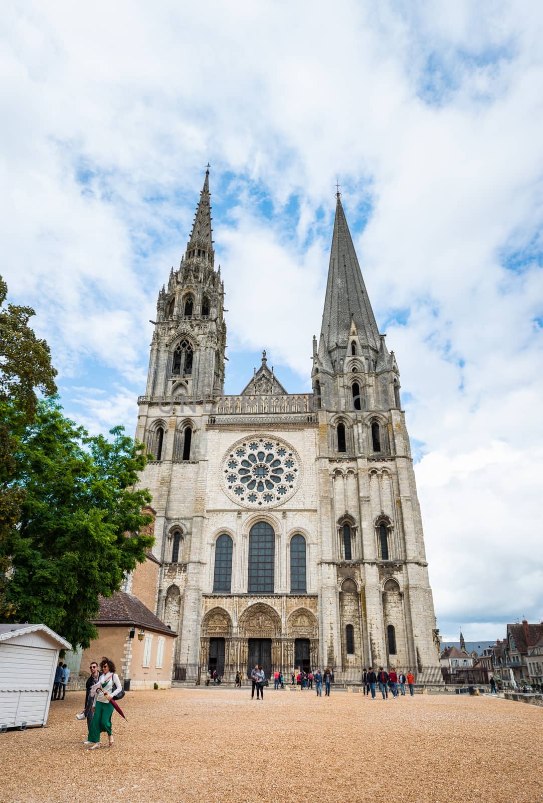 CHARTRES, FRANCE - CIRCA JUNE 2020: Chartres Cathedral, also called Cathedral of Our Lady of Chartres. High resolution vertical panorama.