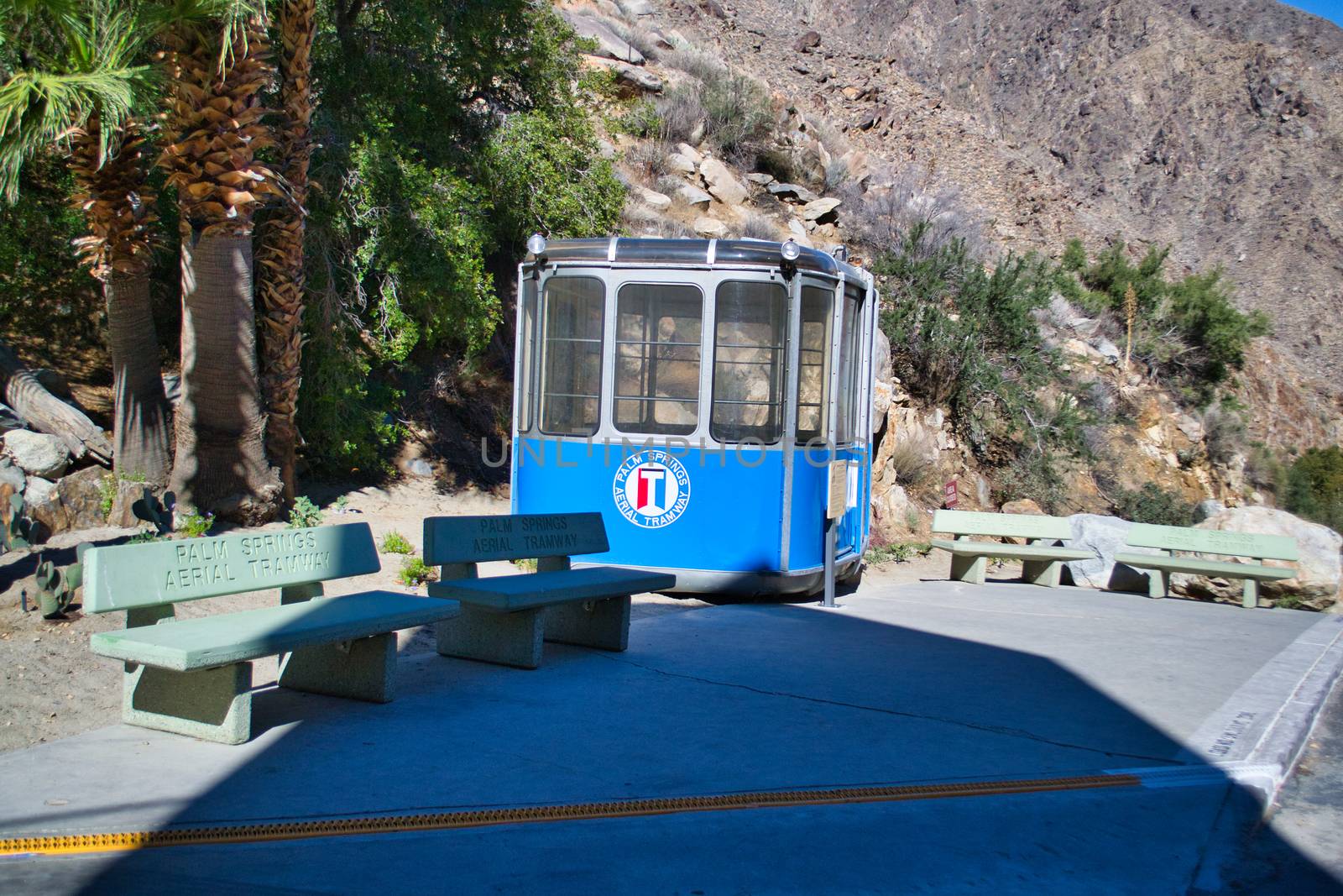 Palm Springs, USA, November 2013: Blue carriage of Aerial Tramway of Palm Springs