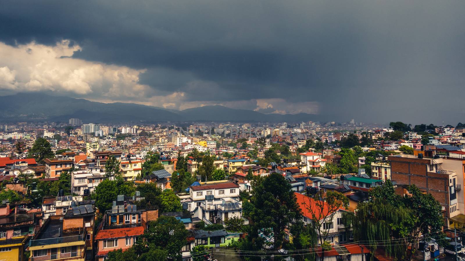 Dark stormy clouds over Patan and Kathmandu in Nepal