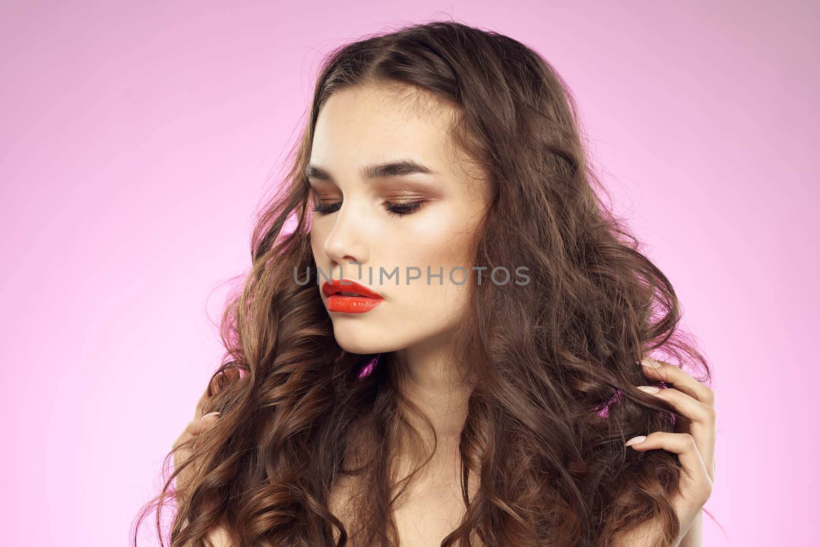 Woman with hairstyle and red lips naked shoulders bright makeup attractive look by SHOTPRIME