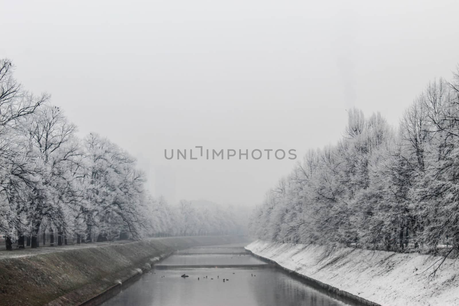 The Miljacka river in Sarajevo during the winter. In winter, Sarajevo has fog and pollution with little snow on the coast. by mahirrov