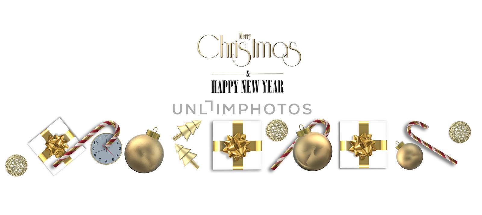 Christmas holiday border with 3D realistic golden Xmas symbols on white. Shiny gold ball bauble, gold abstract tree, Xmas cane, gift boxes with golden bow. 3D render. Horizontal holiday festive border