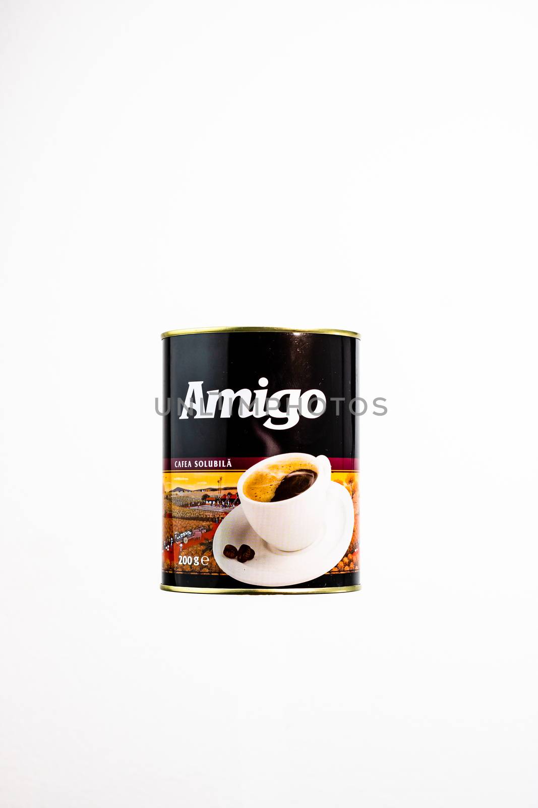 Famous Romanian instant coffee brand Amigo in a metal can. Coffee photo taken in Bucharest, Romania, 2020