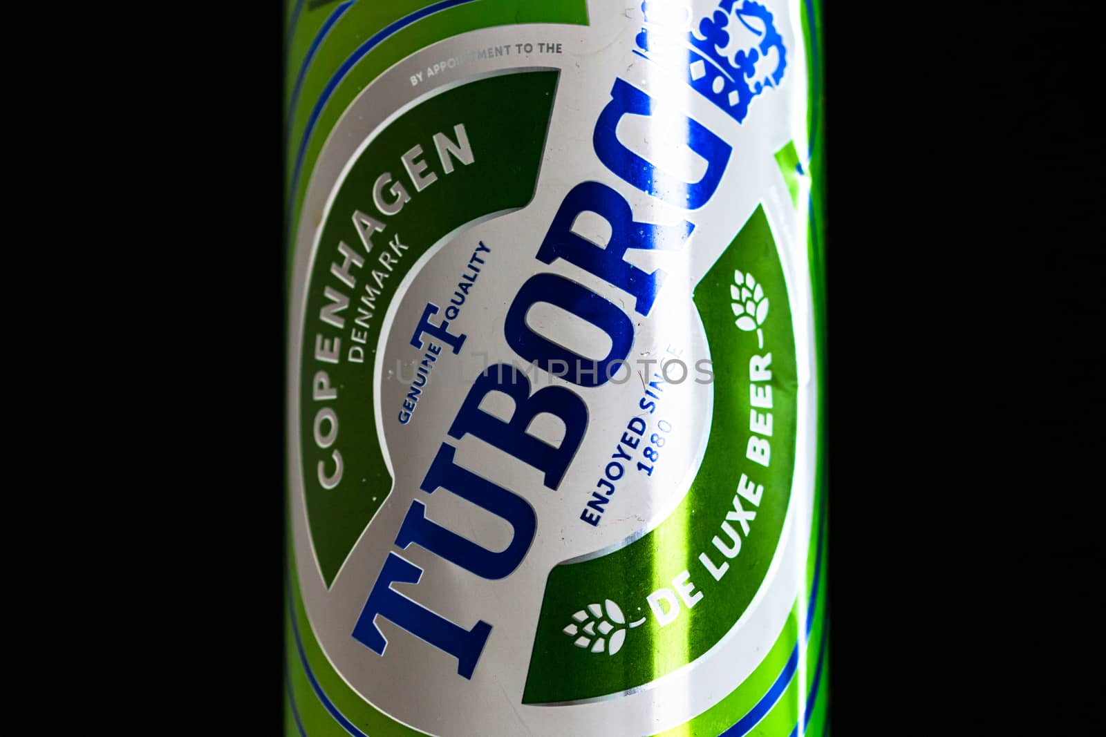 Tuborg Danish beer in a tin aluminum can. Detail photo of beer can in Bucharest, Romania, 2020