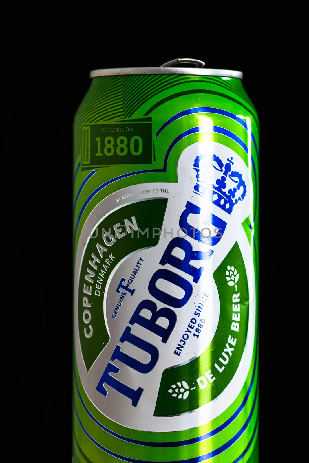 Tuborg Danish beer in a tin aluminum can. Detail photo of beer can in Bucharest, Romania, 2020
