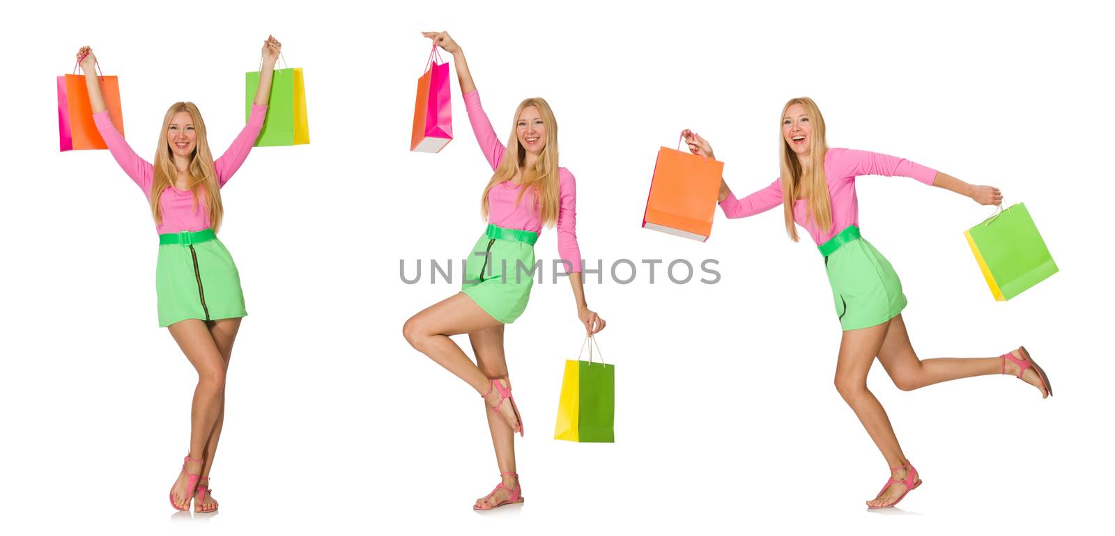 Woman with shopping bags isolated on white