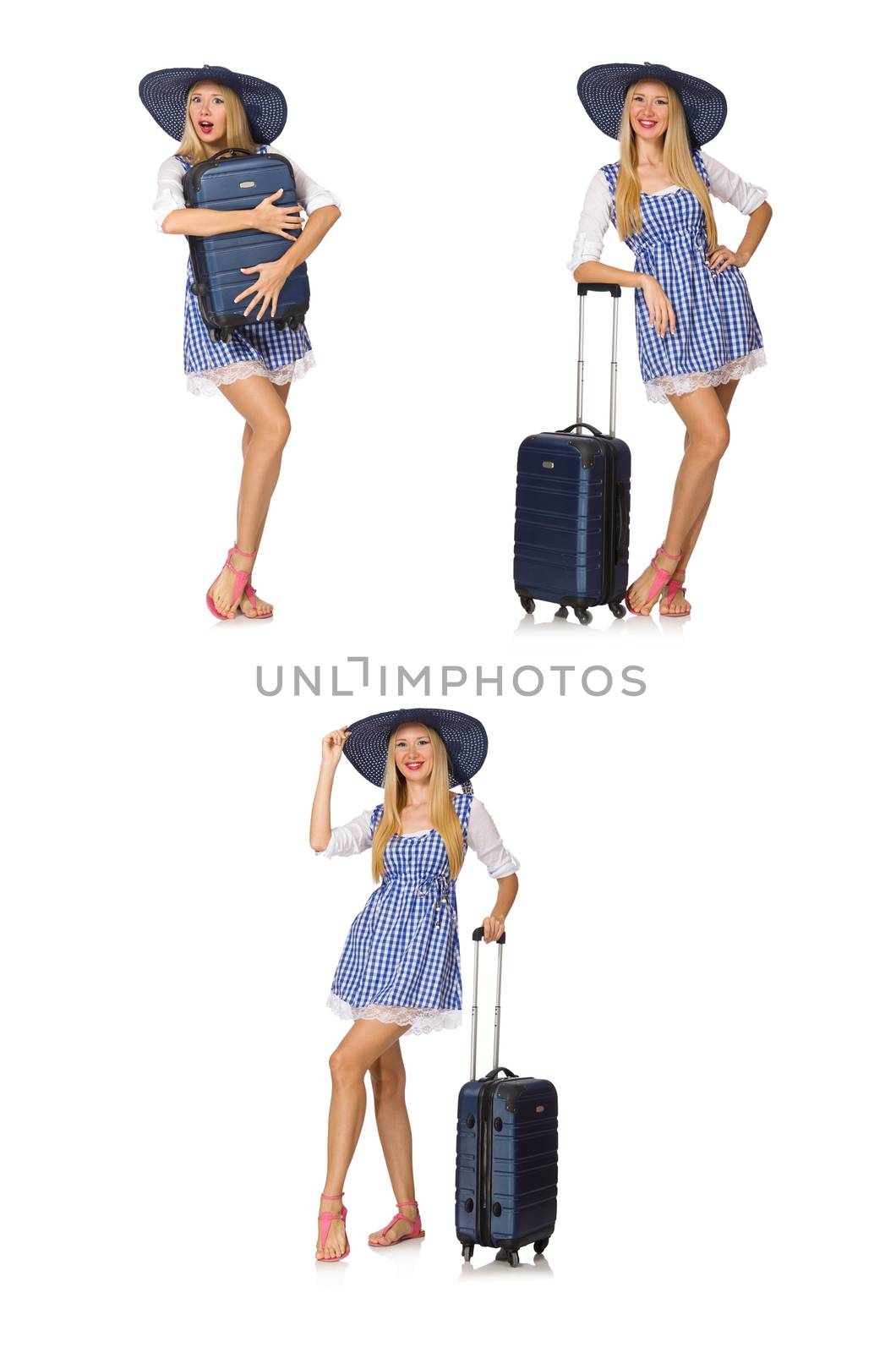 Woman ready for summer travel isolated on white by Elnur