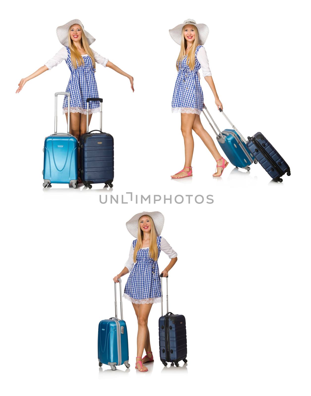 Woman ready for summer travel isolated on white