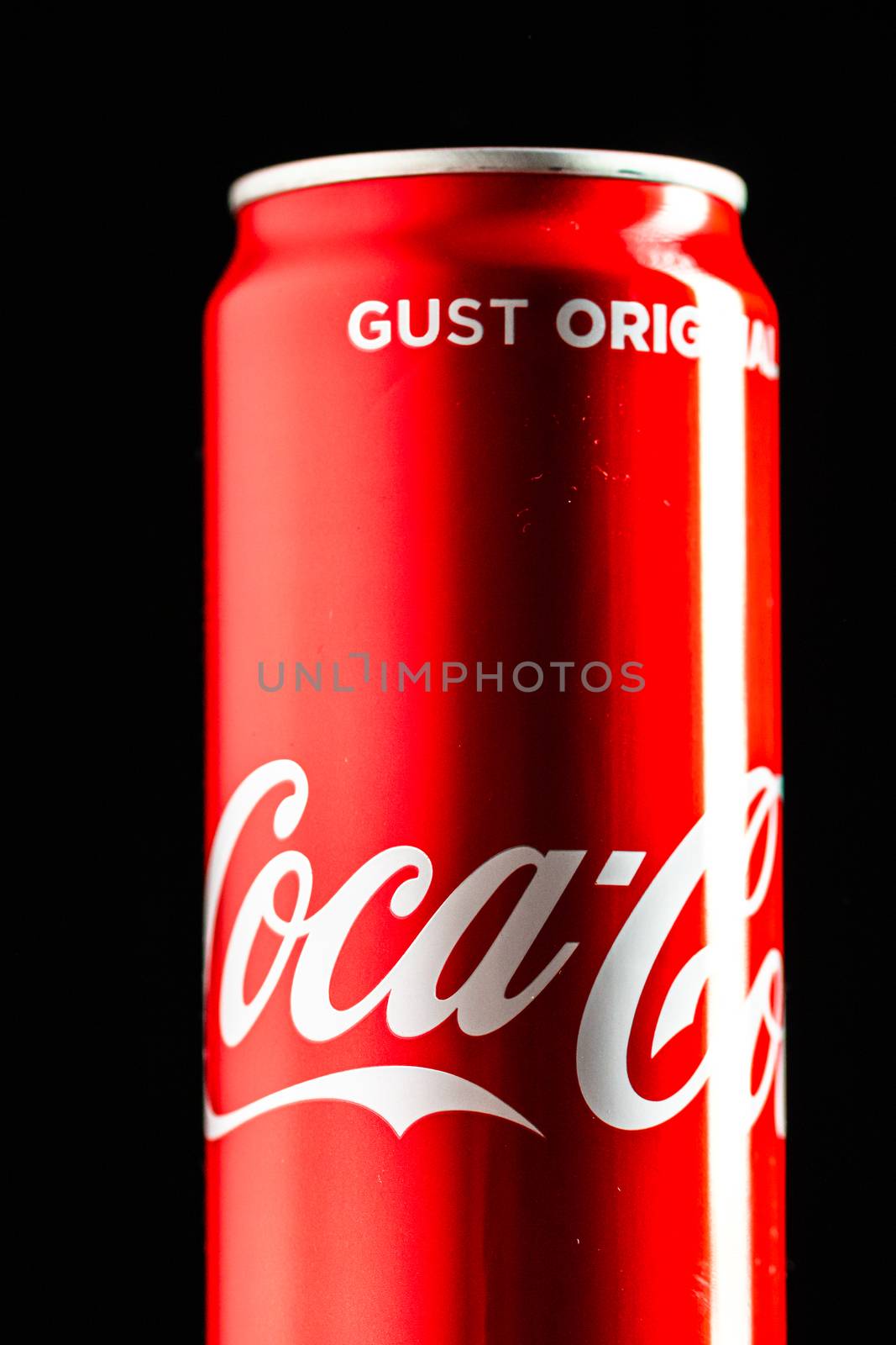 Editorial photo of classic Coca-Cola can on black background. Studio shot in Bucharest, Romania, 2020