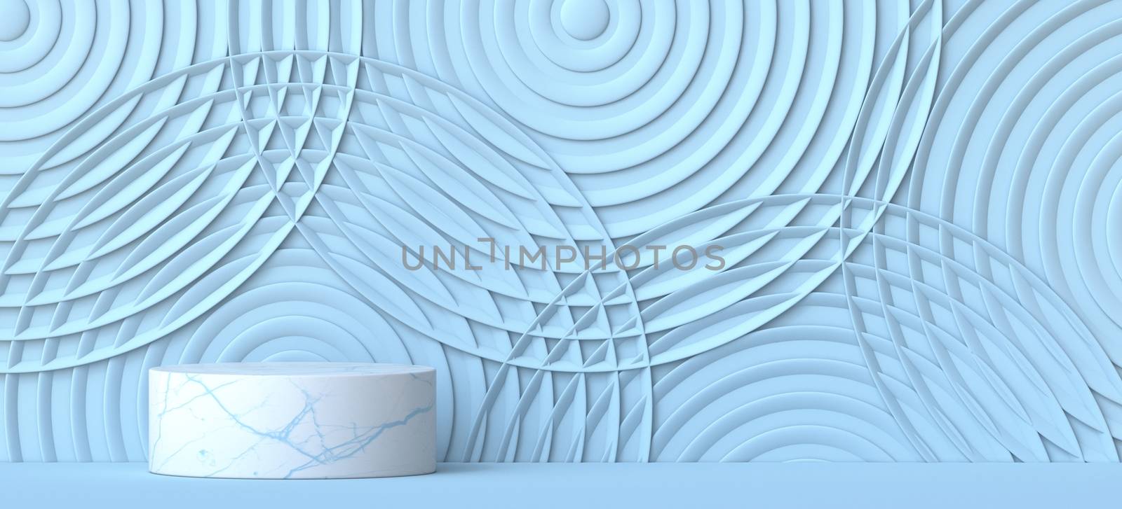 Mock up podium for product presentation with concentric circles 3D render illustration on blue background