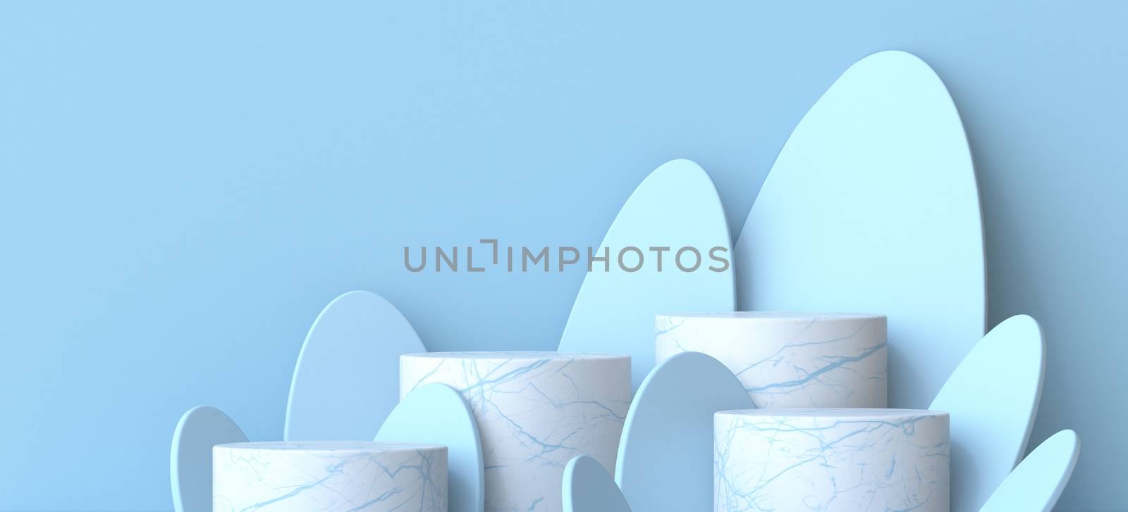 Mock up white marble podiums for product presentation with blue ellipses 3D render illustration on blue background