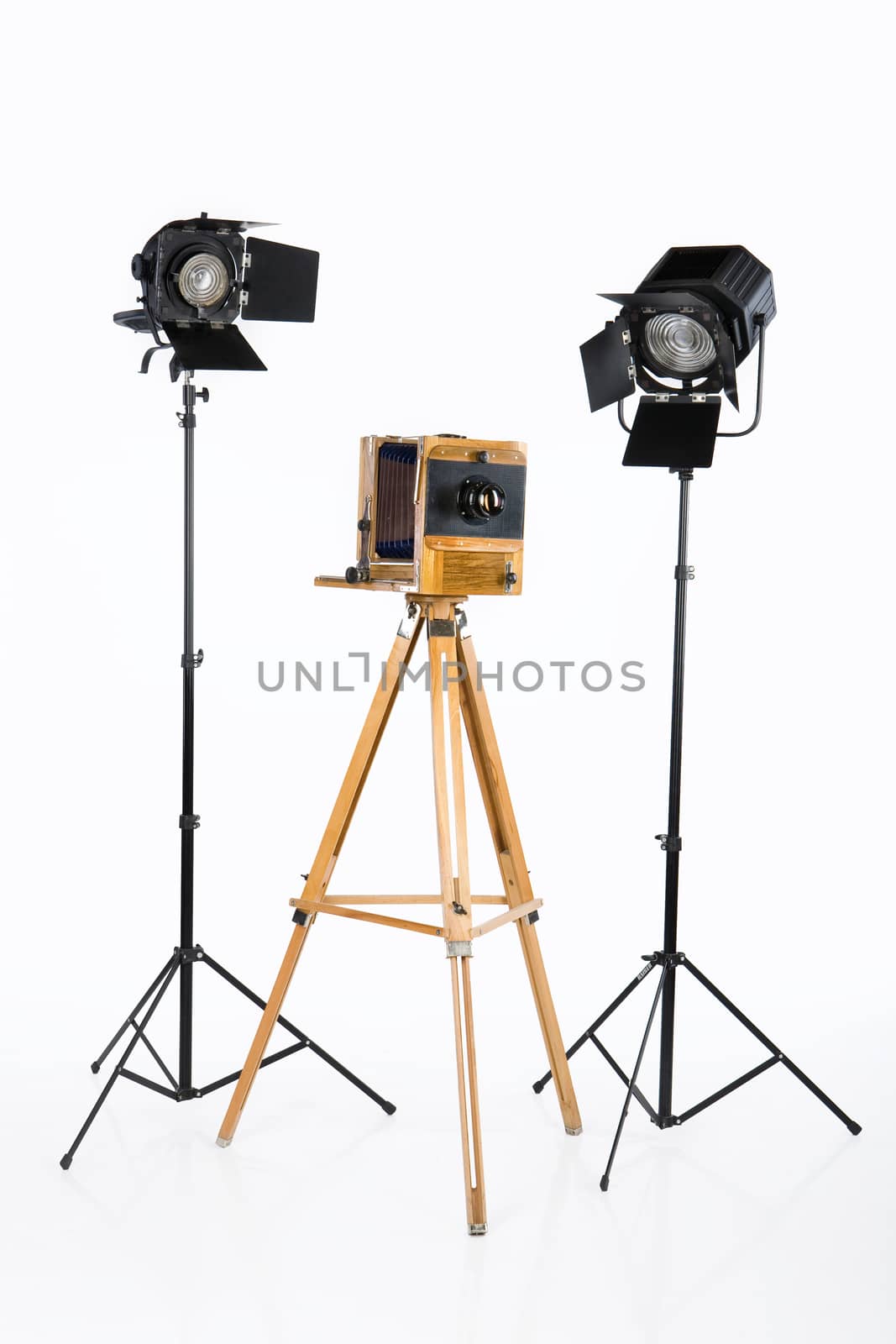 Old wooden photocamera and lighting